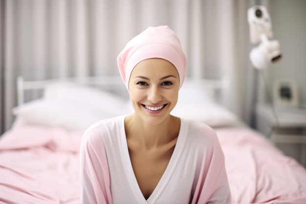 Happy cancer patient Smiling woman after chemotherapy treatment at hospital oncology department