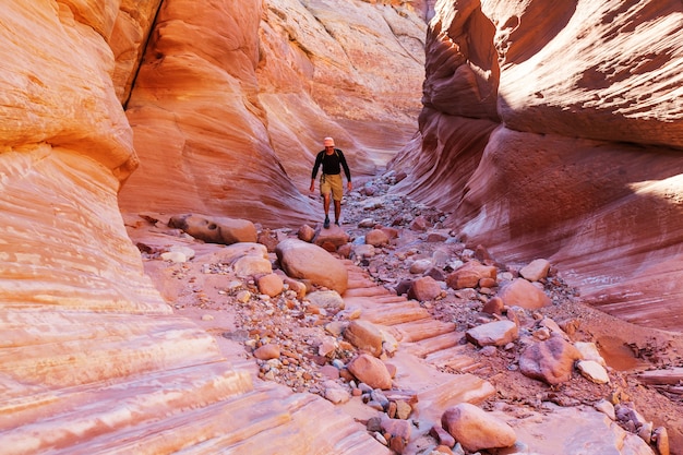 ハッピーキャニオンの素晴らしいシーン。ユタ州の砂漠にある珍しい色とりどりの砂岩層は、ハイカーに人気の場所です。