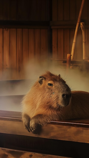 Happy capybara sits and relaxes in the Japanese Ofuro bathhouse in clouds of steam vertical poster f