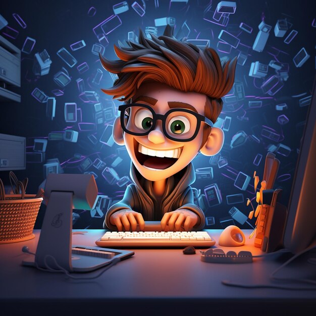 Photo happy cartoon 3d programmer hacker