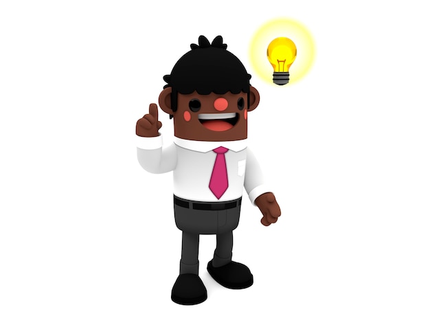 Happy cartoon African business man character in 3D having an idea while pointing up a ligh