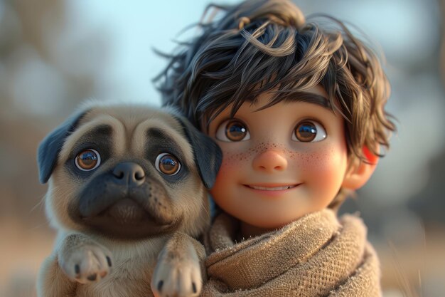 Foto happy cartoon boy with dog pug primo piano estremo ia generativa