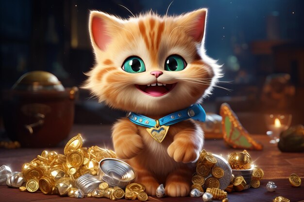 Happy cartoon cat with lot of gold treasures Beautiful illustration picture Generative AI