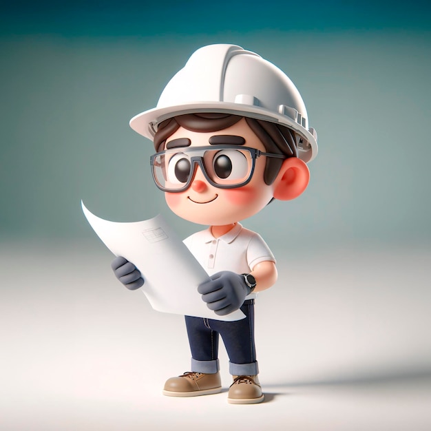 Photo happy cartoon character reviewing a construction plan