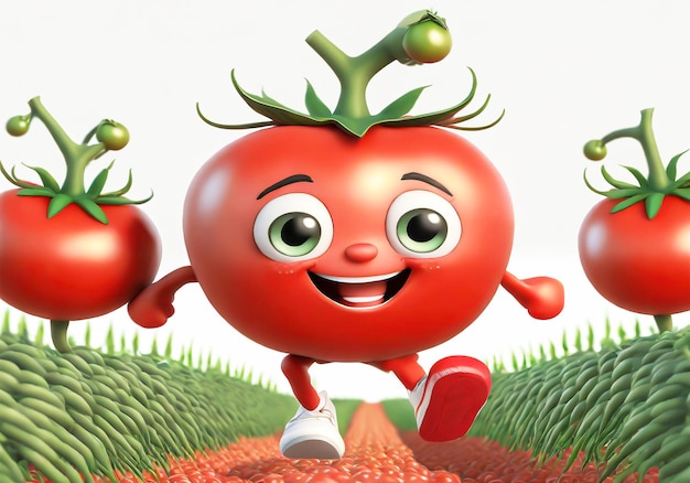 Happy cartoon of fresh tomato running in a field with a big smile AI generated