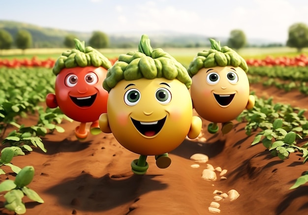 AIが生成した満面の笑みで畑を走る新鮮な野菜の幸せな漫画