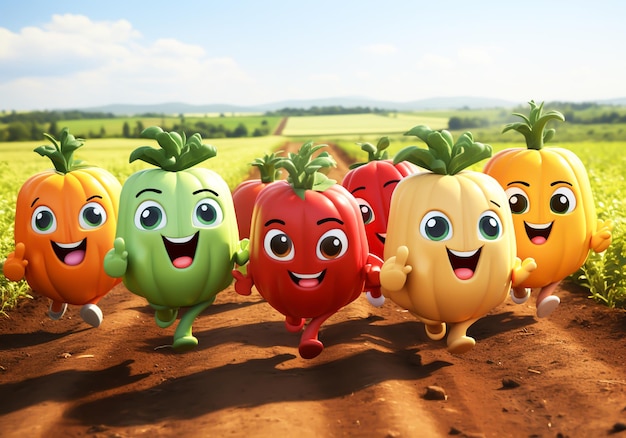 Happy cartoon of fresh vegetables running in a field with a big smile AI generated