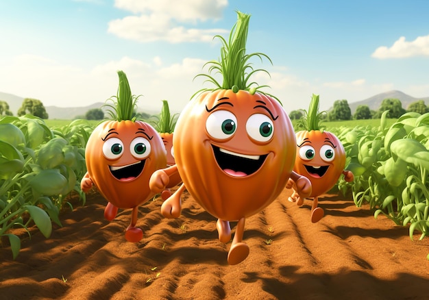 Happy cartoon of fresh vegetables running in a field with a big smile AI generated