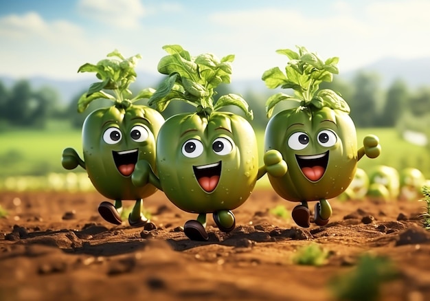 野原で走っている新鮮な野菜の幸せな漫画 広い笑顔でAIが生成した