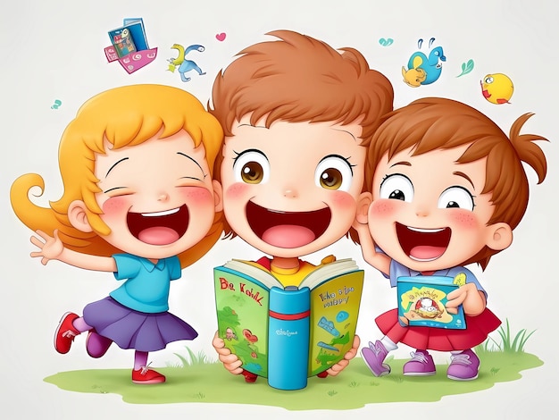 Happy cartoon kids and Books