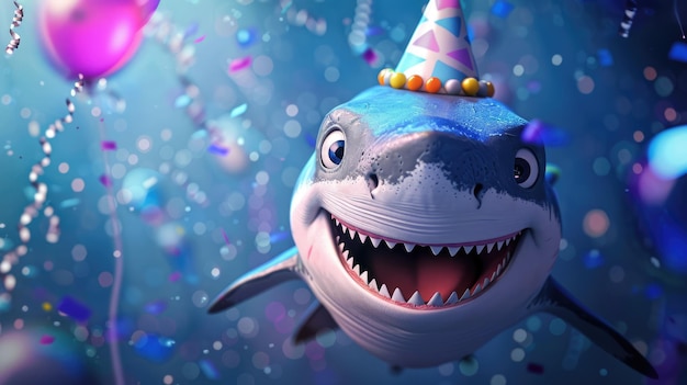 Photo happy cartoon shark in party hat adorable underwater celebration with colorful lighting and wide an