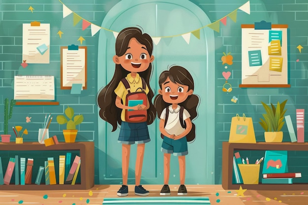 Happy Cartoon Sisters Smiling in Front of School Classroom Colorful Educational Childish