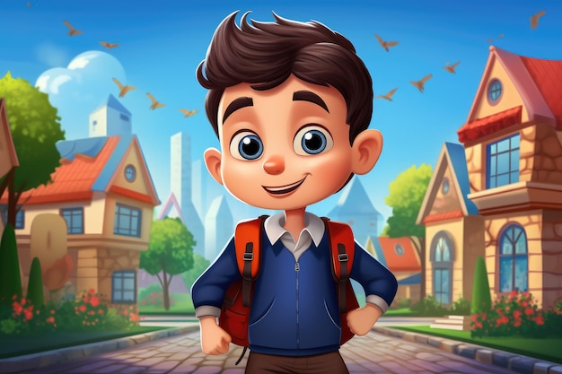 Photo happy cartoon student on the way to school generated by ai