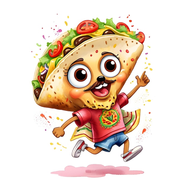 Photo happy cartoon taco character watercolor on white background