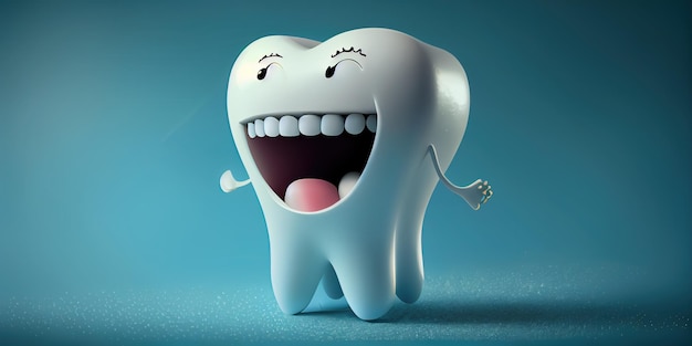 Foto happy cartoon tandkarakter reiniging en bleken van tanden concept generatieve ai
