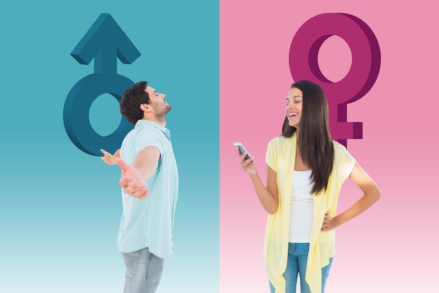 Photo happy casual woman sending a text against female gender symbol