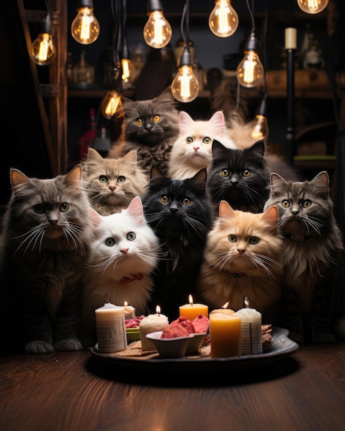 幸せな猫が友達と誕生日のパーティーを祝います