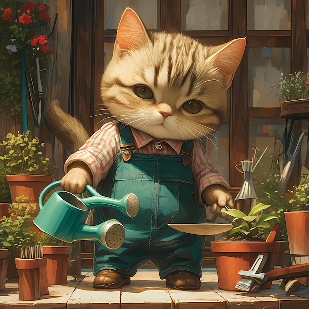 Happy Cat Gardener Adorable Garden Scene