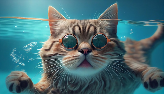 Happy cat having fun at summer holidays in a swimming pool