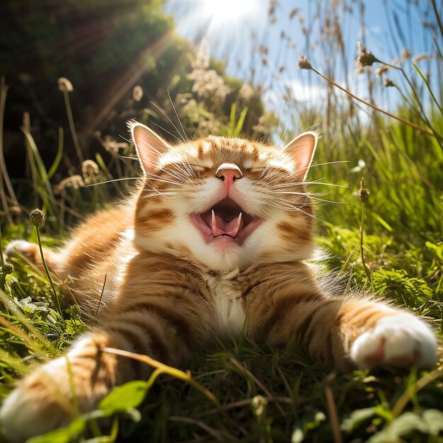 Foto un gatto felice che si rotola nell'erba