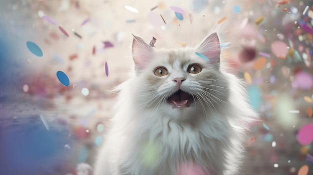 Happy cat smiling birthday concept with flying confetti