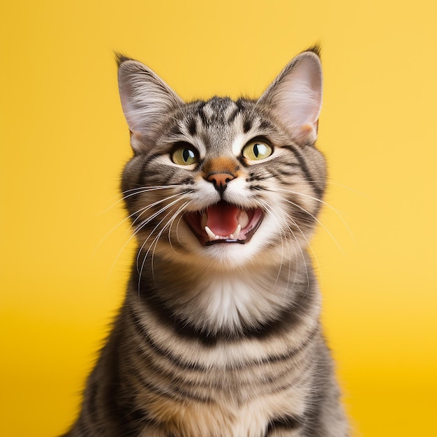 Happy cat smiling on isolated yellow background