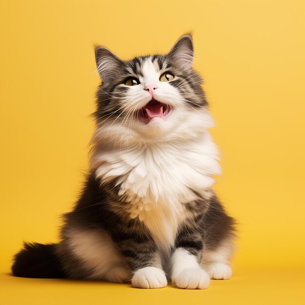 Happy cat smiling on isolated yellow background