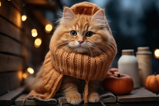 Счастливый кот с рождественской шляпой под Рождественской елкой