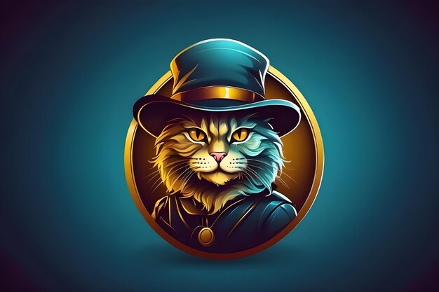 happy cat with hat logo illustration