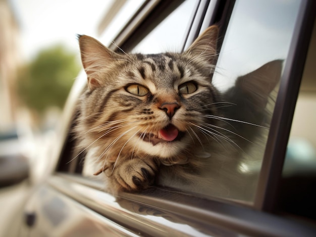 Happy cat with head out of the car window having fun