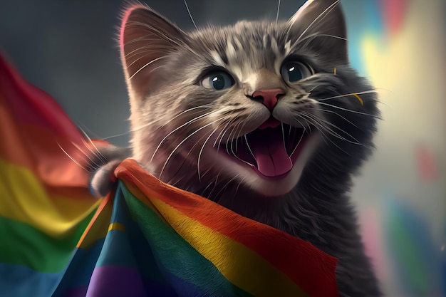 Happy cat with pride flag concept of equality AI