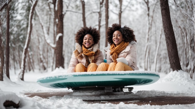Photo happy caucasian and africanamerican girls sledding in the park