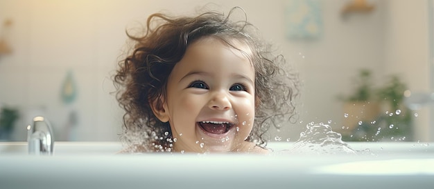 Smiling Caucasian toddler enjoying bubble bath in domestic