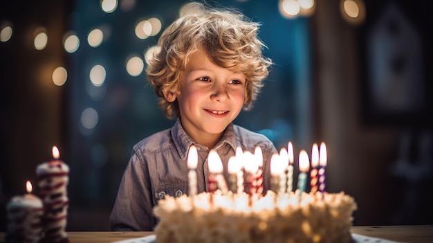 巨大なおいしいケーキとキャンドルで誕生日を祝う幸せな白人の少年