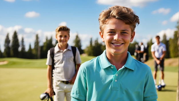 Счастливый белый мальчик на уроке гольфа смотрит на камеру на поле для гольфа
