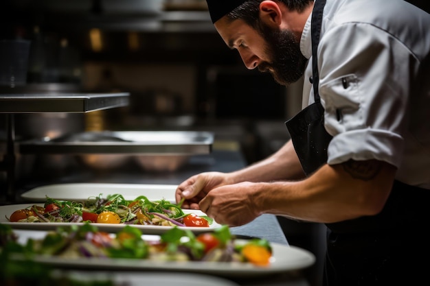 Happy Caucasian Chef in Restaurant Kitchen Professionally Preparing Gourmet Salad