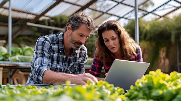 Photo happy caucasian couple at vegetable farm