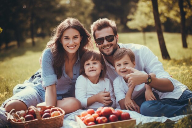 Foto felice famiglia caucasica composta da genitori e due bambini al picnic