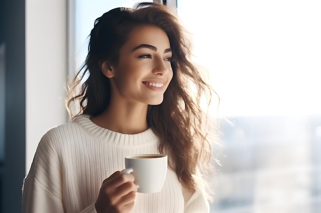 窓の近くでコーヒーを飲む幸せな白人の女の子