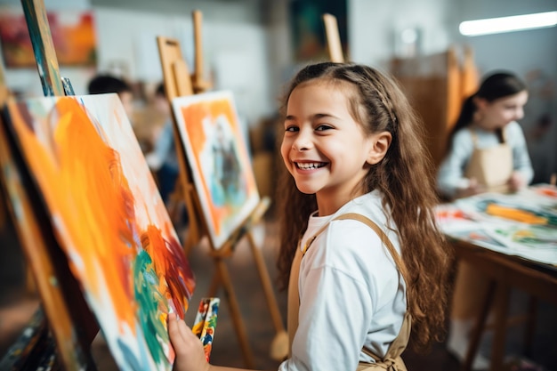 Happy caucasian schoolgirl painting using brush and easel in school art class