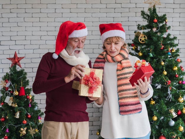 Happy Caucasian senior couple in Santa hat concentrate on exchanging Christmas presents during the day at home with decorated Christmas tree. Christmas and New Year celebration activity.