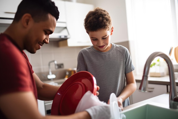 행복한 백인 십대 아들이 젊은 아프리카계 미국인 아버지를 도와 세탁과 접시를 청소합니다.