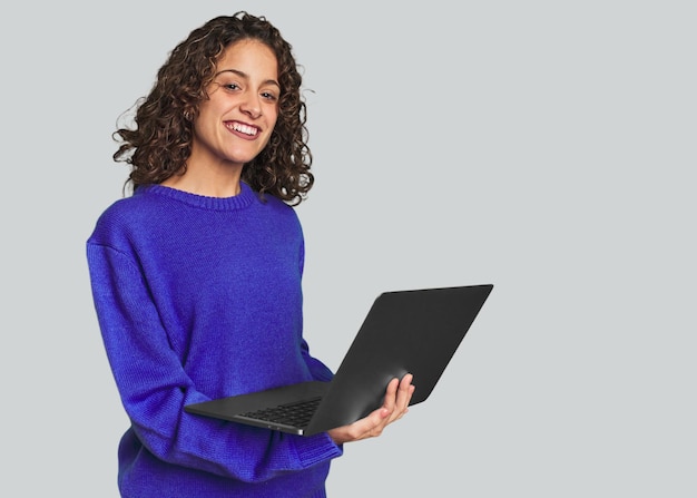 Happy caucasian woman searching on laptop