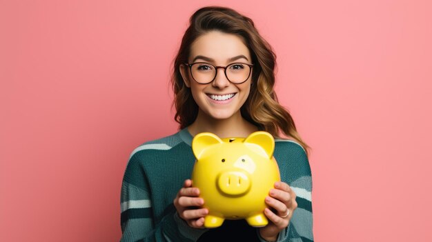 A happy Caucasian woman with glasses in a blue casual jumper holds a yellow piggy bank on a pink background Created with Generative AI technology