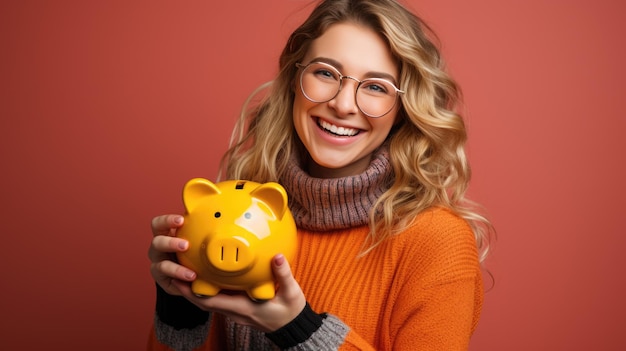 A happy Caucasian woman with glasses in a red casual jumper holds a yellow piggy bank on a pink background Created with Generative AI technology