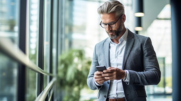 Happy caucasian young man using smart phone cellphone for calls social media mobile application on