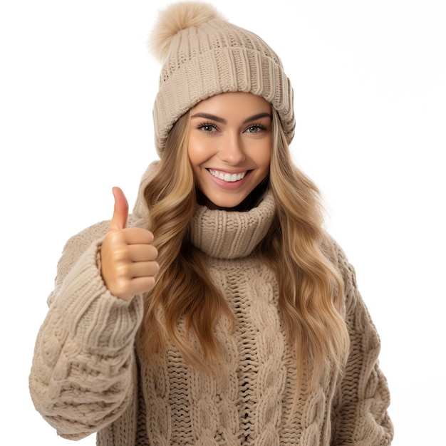 Happy caucasian young woman in colorful winter clothes with thumb up