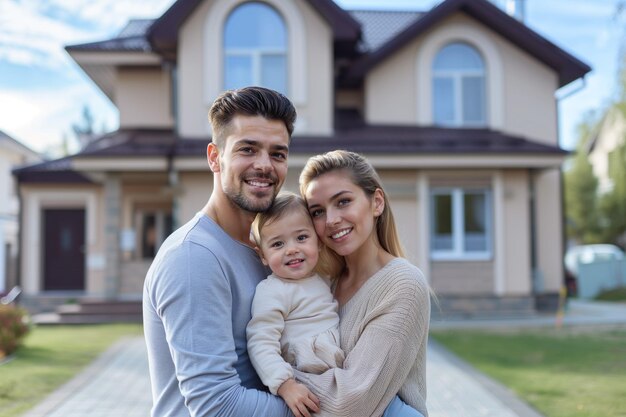 Happy Caucausian family in thirties with toddler baby Concept of renting mortgage social housing