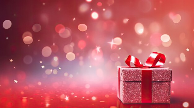 赤い背景にプレゼントとスパークルで幸せな祝い 複製のためのモックアップスペース