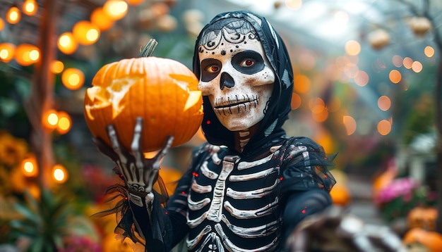 Happy cheerful boy in skeleton costume holding pumpkin